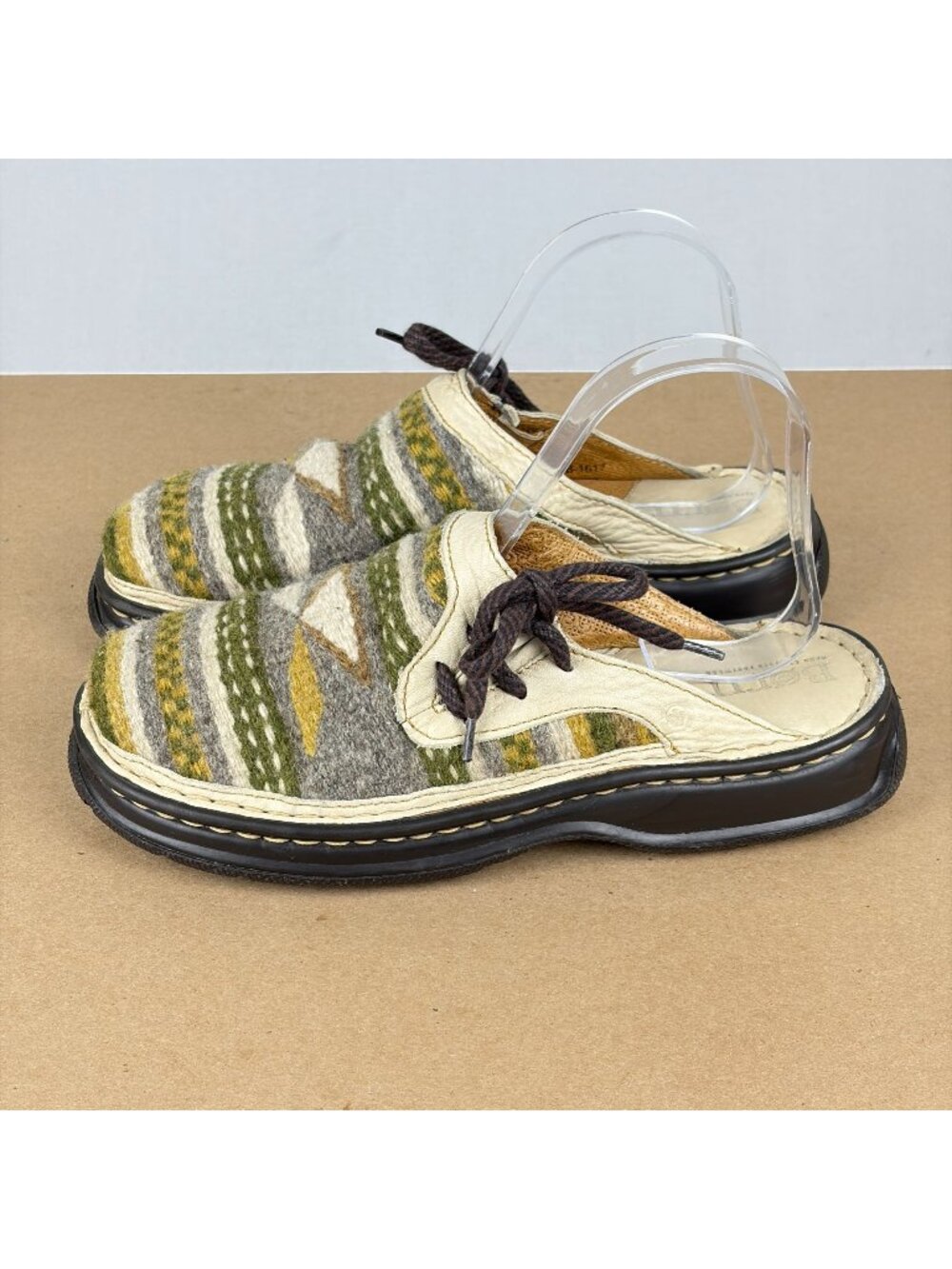 Born Aztec Wool Leather Mules Womens 7 Green Gray Cream Slip On Casual Comfort
